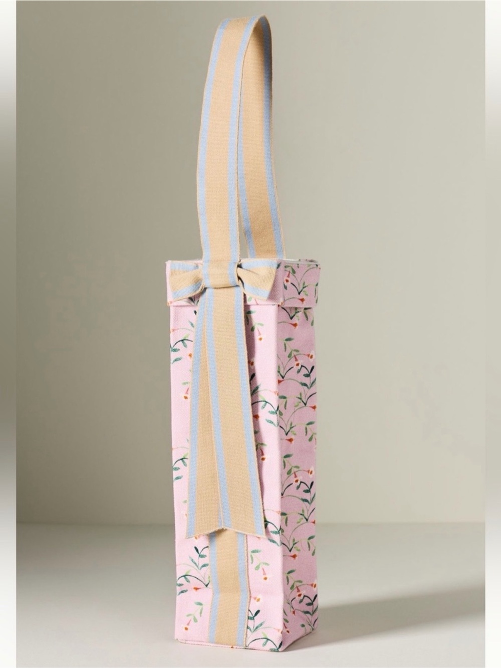 Anthropologie Mina Pink Floral Wine Tote with Striped Bow Handle